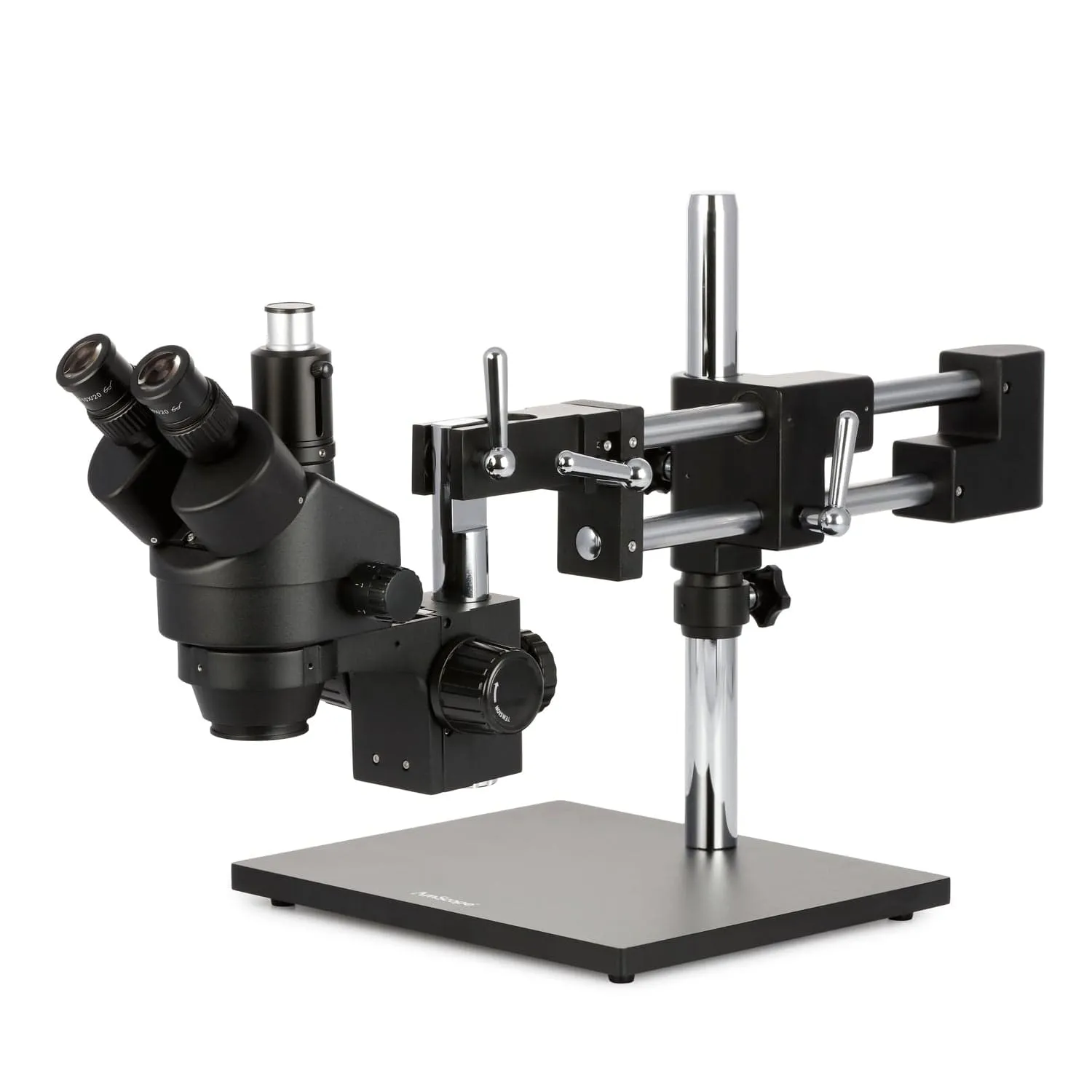 AmScope SM-4T Series Trinocular Zoom Stereo Microscope 3.5X-180X Magnification on Black Double Arm Boom Stand