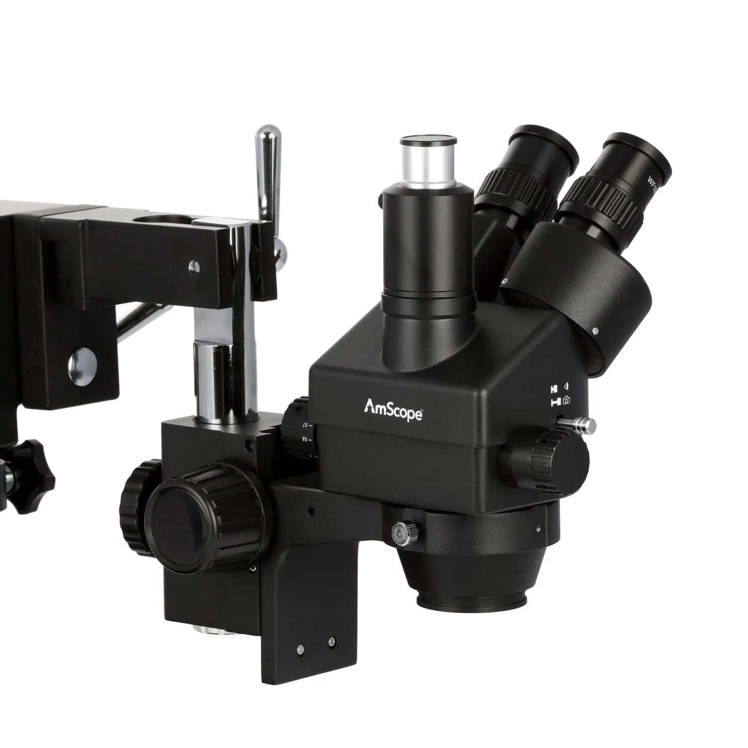 AmScope SM-4T Series Trinocular Zoom Stereo Microscope 3.5X-180X Magnification on Black Double Arm Boom Stand