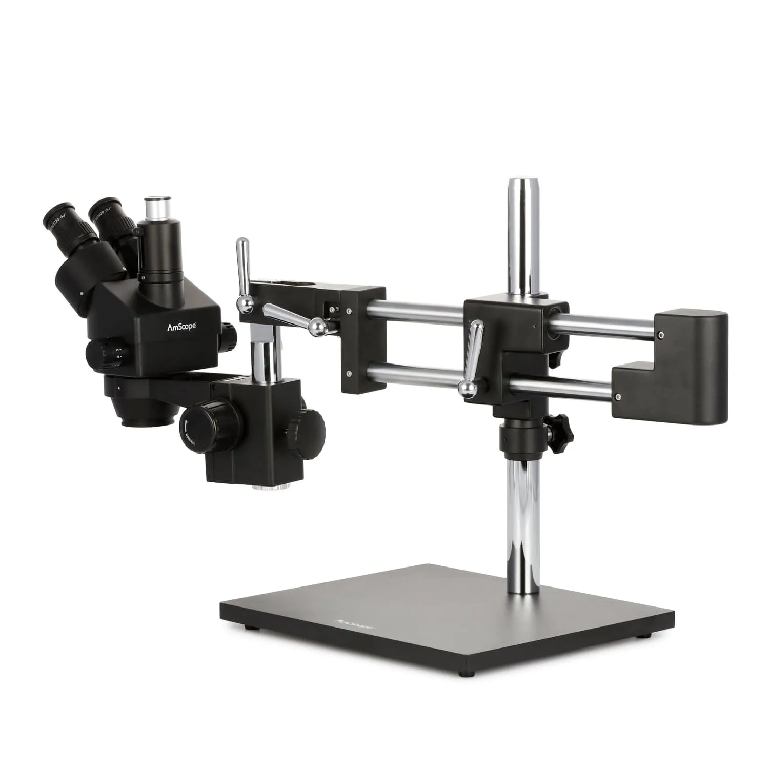 AmScope SM-4T Series Trinocular Zoom Stereo Microscope 3.5X-180X Magnification on Black Double Arm Boom Stand