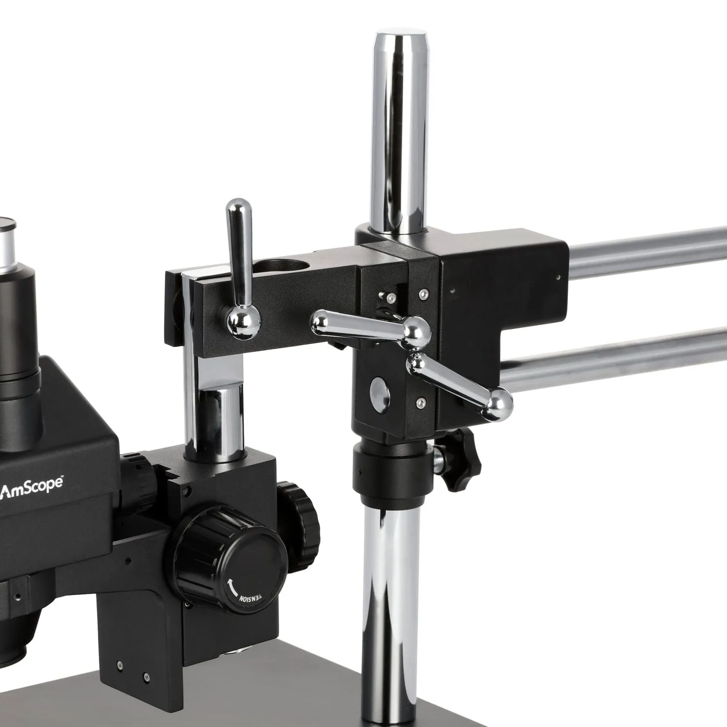 AmScope SM-4T Series Trinocular Zoom Stereo Microscope 3.5X-180X Magnification on Black Double Arm Boom Stand