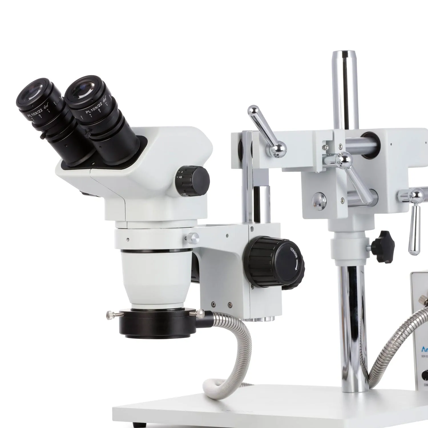 AmScope ZM-4 Series Zoom Binocular Stereo Microscope 6.7X-112.5X Magnification on Double Arm Boom Stand