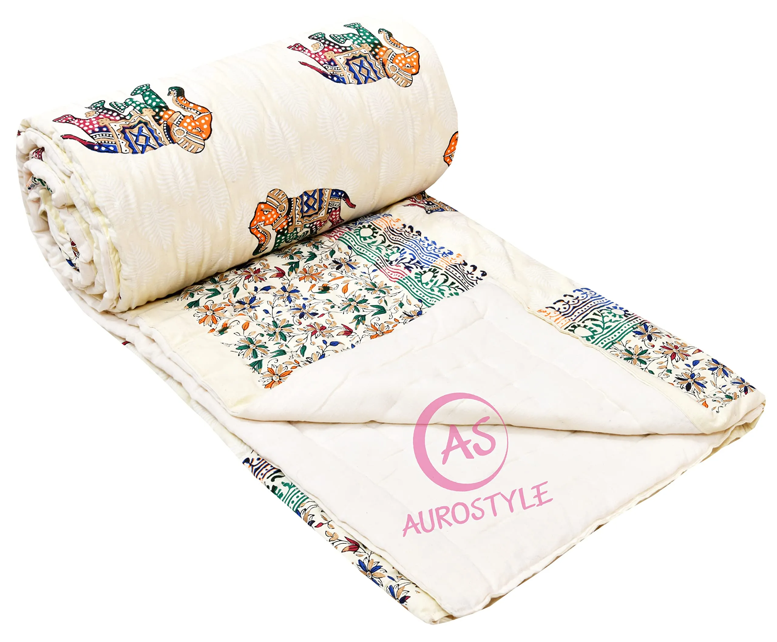 AUROSTYLE 400 Tc Pure Cotton Traditional Jaipuri Design Printed Light Weight Single Bed Quilt/Razai/Rajai - [Single Bed- 85 X 55 Inches] (Design 7), White