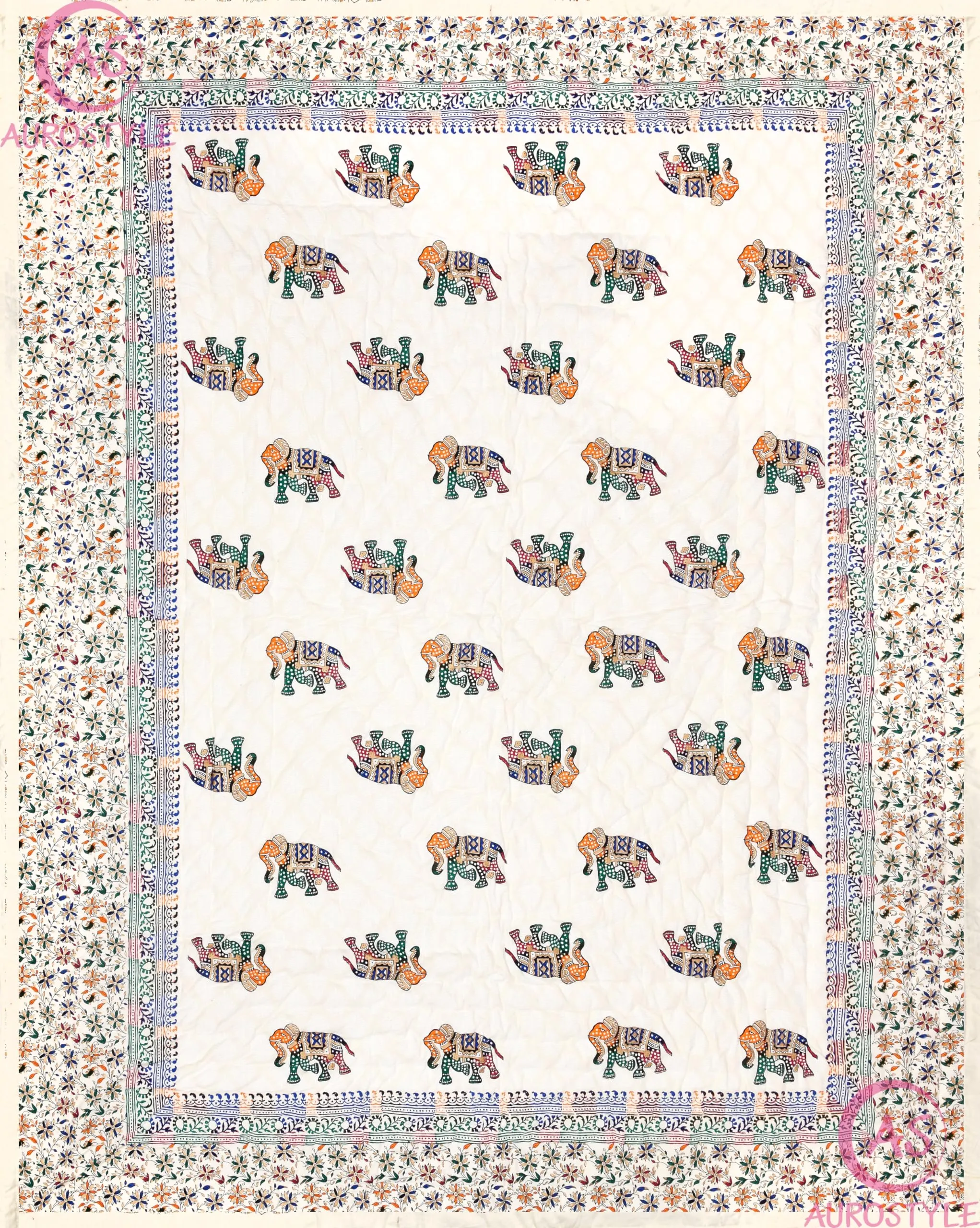 AUROSTYLE 400 Tc Pure Cotton Traditional Jaipuri Design Printed Light Weight Single Bed Quilt/Razai/Rajai - [Single Bed- 85 X 55 Inches] (Design 7), White