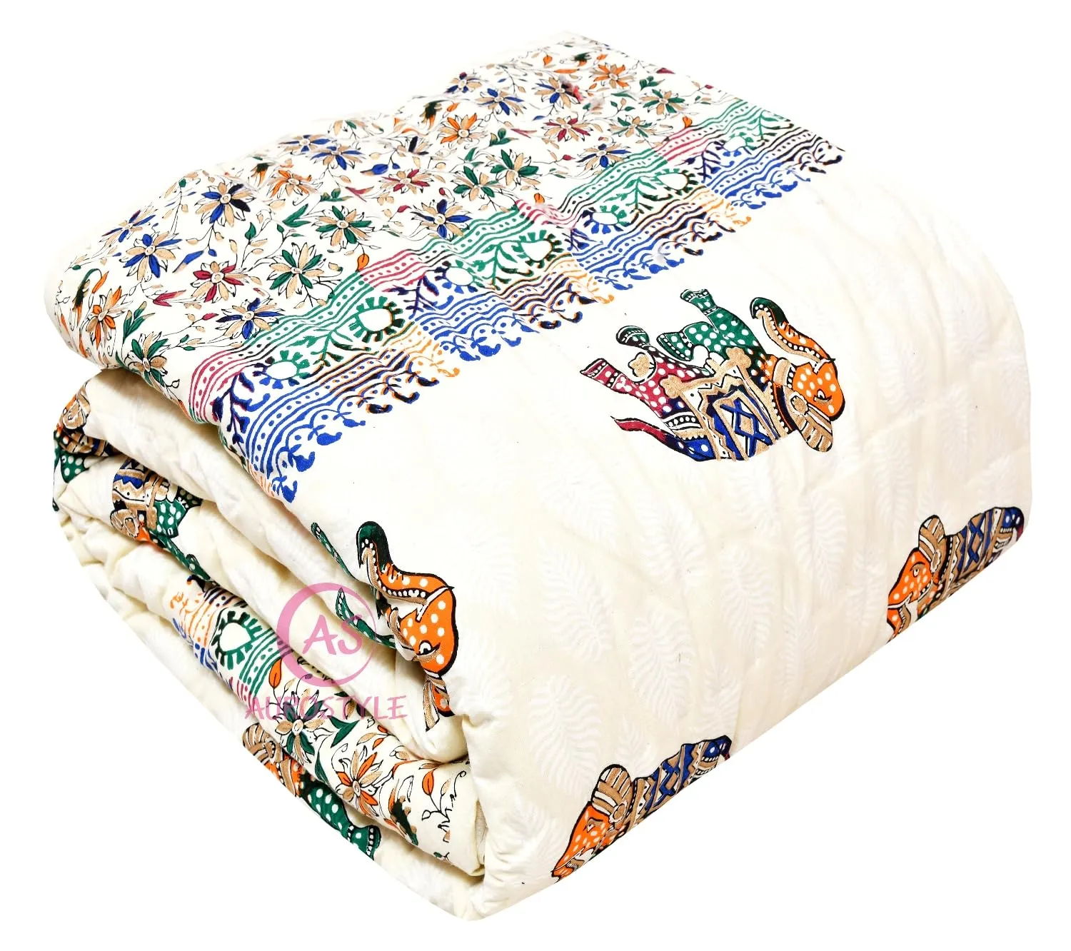 AUROSTYLE 400 Tc Pure Cotton Traditional Jaipuri Design Printed Light Weight Single Bed Quilt/Razai/Rajai - [Single Bed- 85 X 55 Inches] (Design 7), White