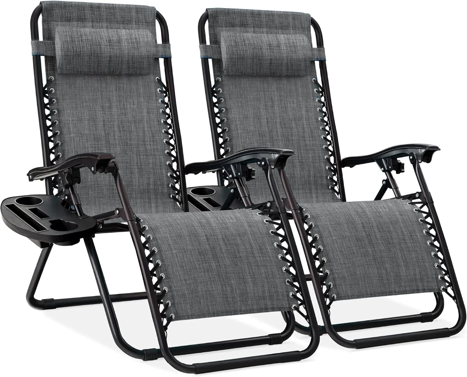 Best Choice Products Set of 2 Adjustable Steel Mesh Zero Gravity Lounge Chair Recliners w/Pillows and Cup Holder Trays - Gray Stripes