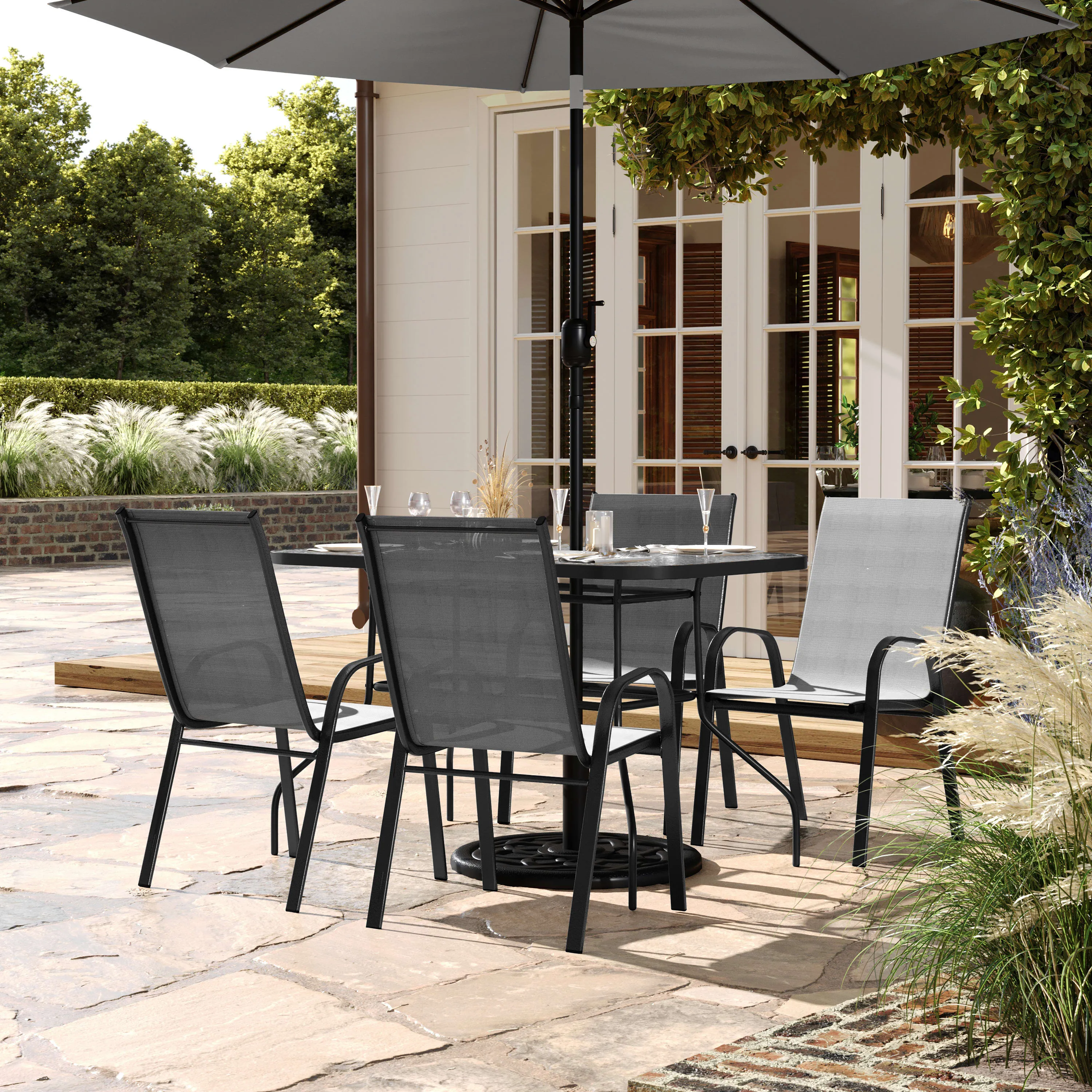 Brazos 5 Piece Commercial Grade Patio Dining Set with Tempered Glass Patio Table and 4 Chairs with Flex Comfort Material Seats and Backs