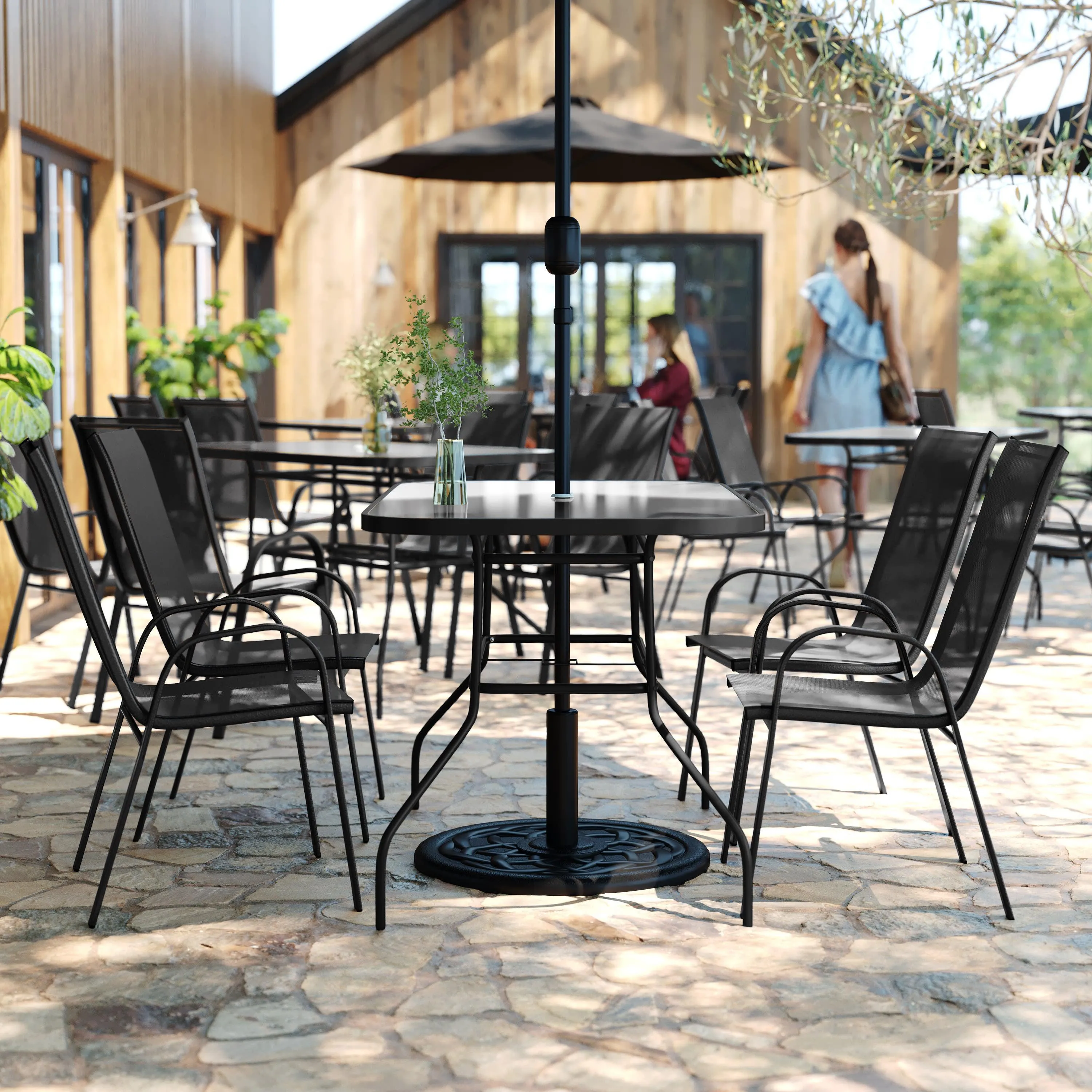 Brazos 5 Piece Commercial Grade Patio Dining Set with Tempered Glass Patio Table and 4 Chairs with Flex Comfort Material Seats and Backs