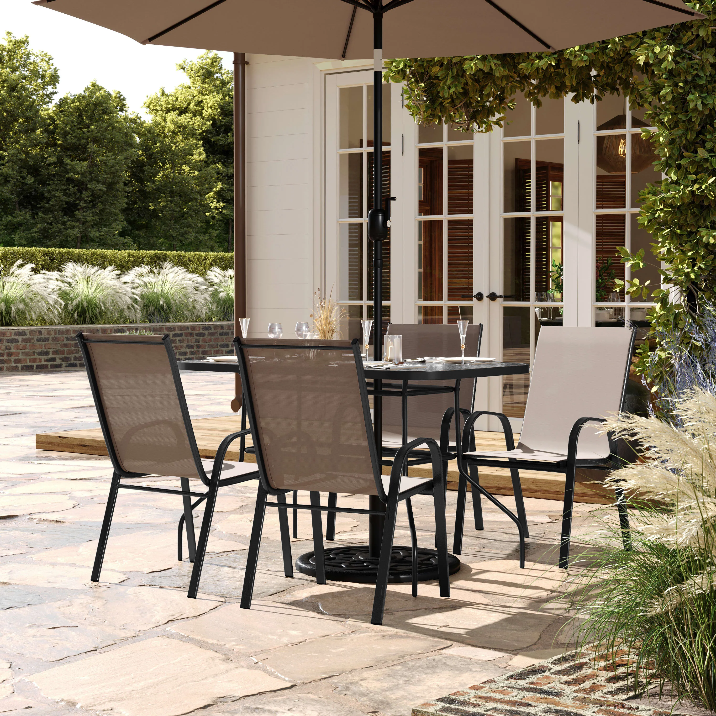 Brazos 5 Piece Commercial Grade Patio Dining Set with Tempered Glass Patio Table and 4 Chairs with Flex Comfort Material Seats and Backs