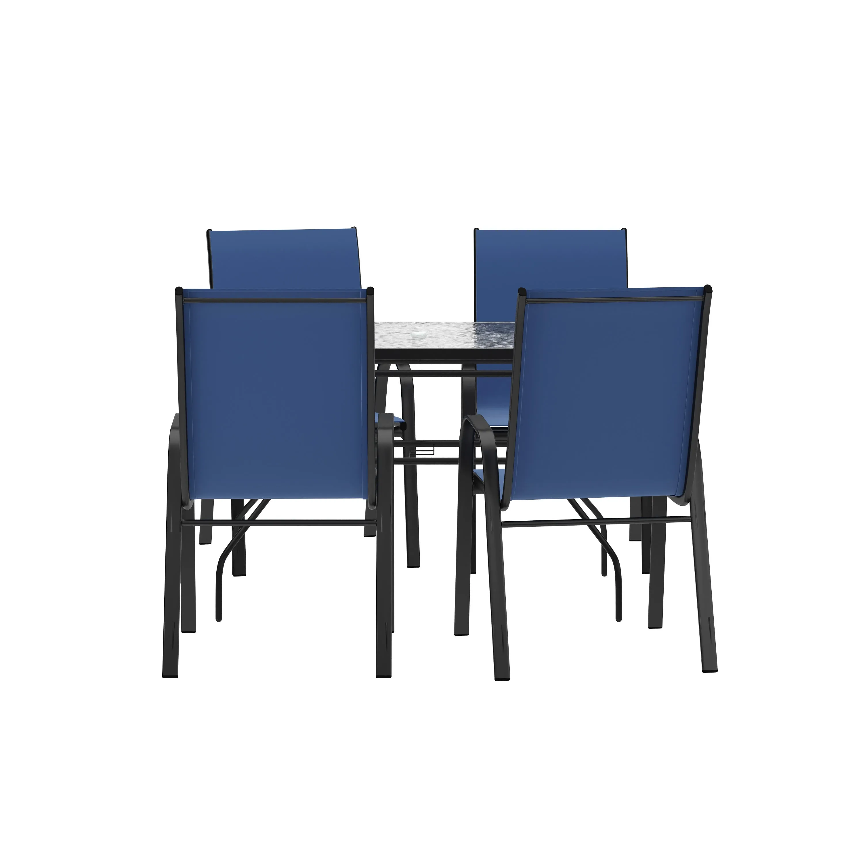 Brazos 5 Piece Commercial Grade Patio Dining Set with Tempered Glass Patio Table and 4 Chairs with Flex Comfort Material Seats and Backs