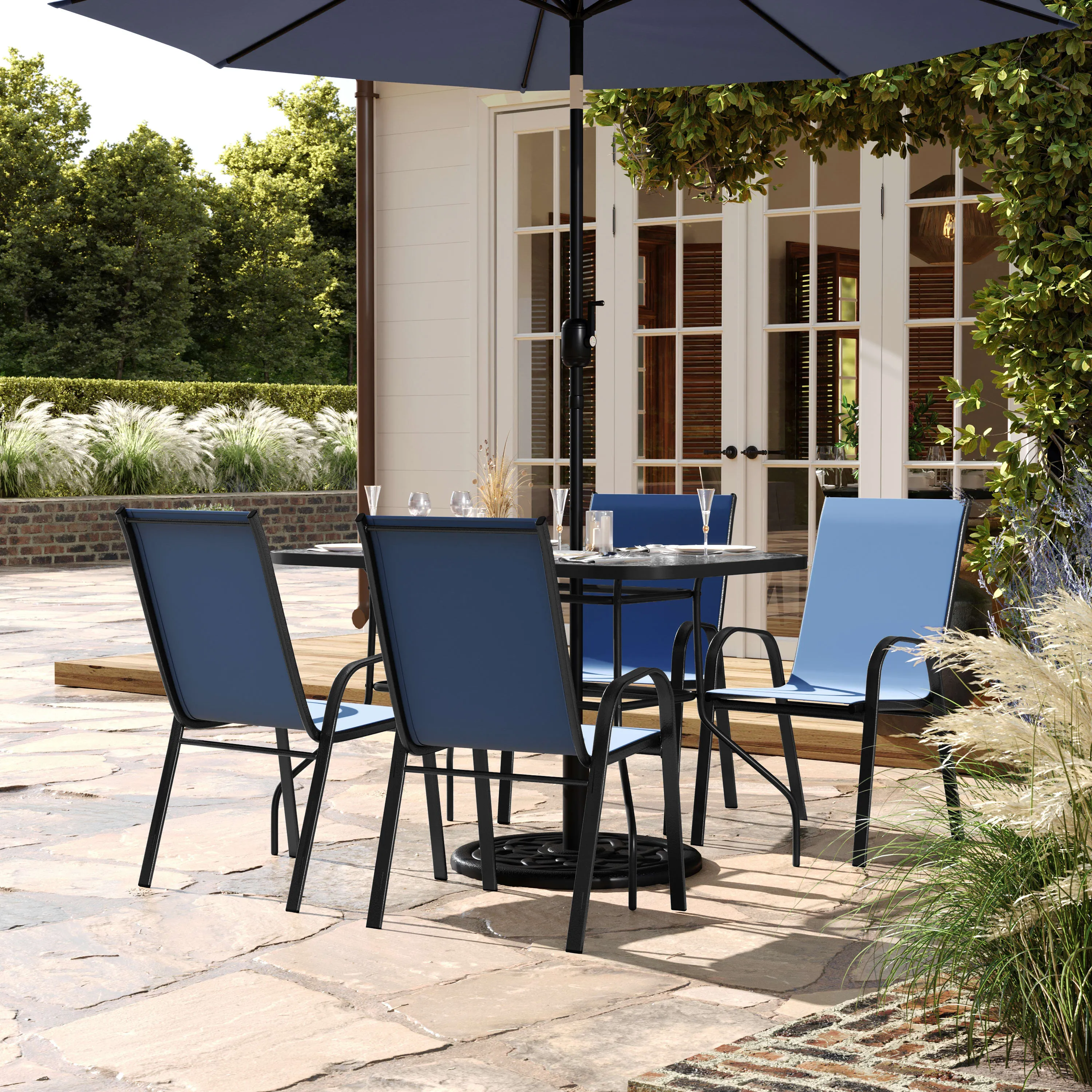 Brazos 5 Piece Commercial Grade Patio Dining Set with Tempered Glass Patio Table and 4 Chairs with Flex Comfort Material Seats and Backs