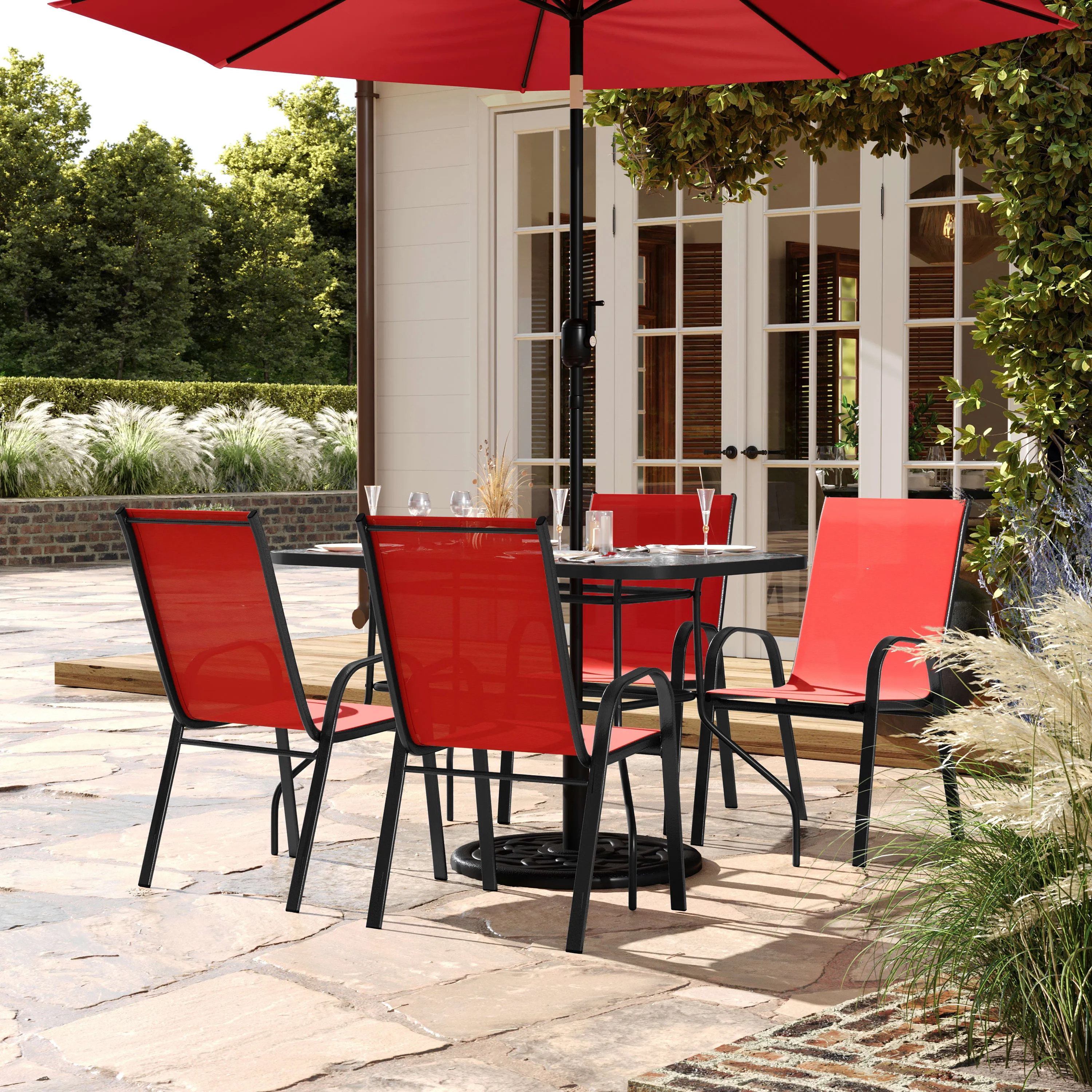 Brazos 5 Piece Commercial Grade Patio Dining Set with Tempered Glass Patio Table and 4 Chairs with Flex Comfort Material Seats and Backs