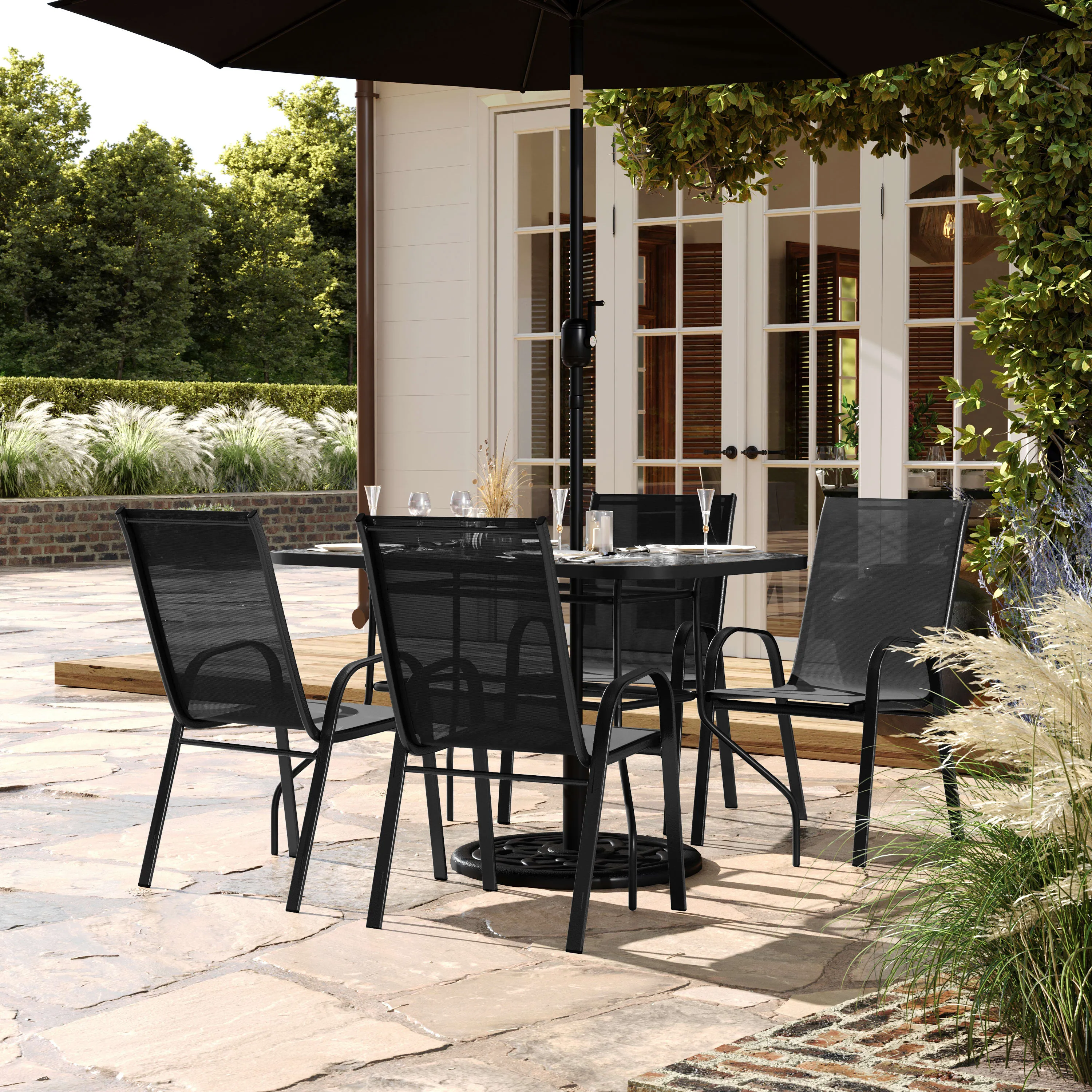 Brazos 5 Piece Commercial Grade Patio Dining Set with Tempered Glass Patio Table and 4 Chairs with Flex Comfort Material Seats and Backs