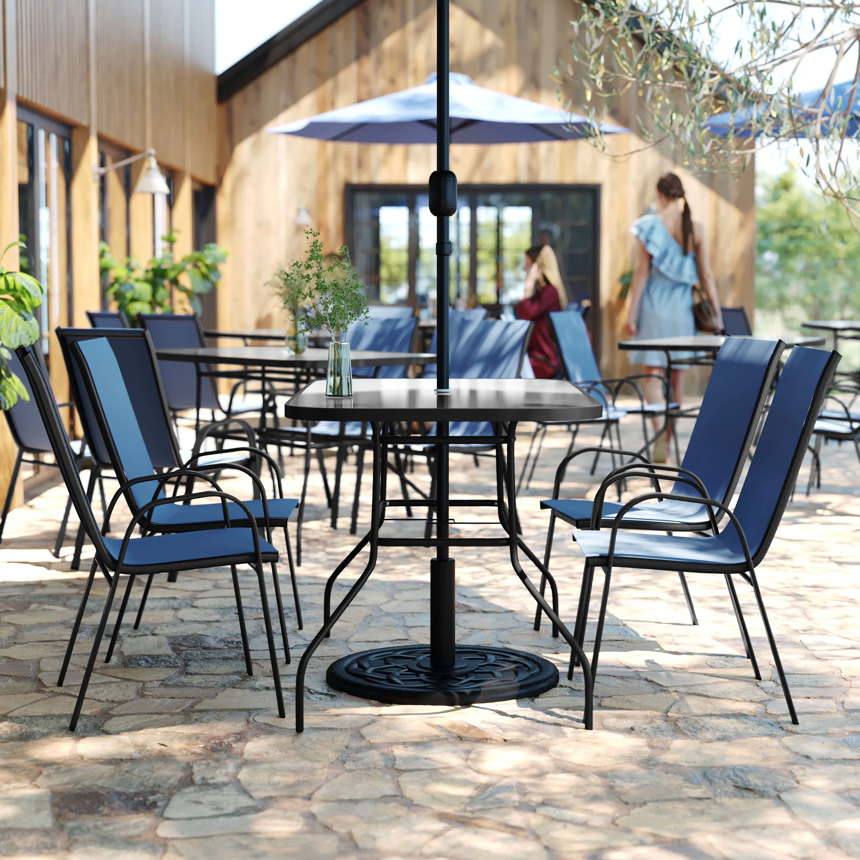 Brazos 5 Piece Commercial Grade Patio Dining Set with Tempered Glass Patio Table and 4 Chairs with Flex Comfort Material Seats and Backs