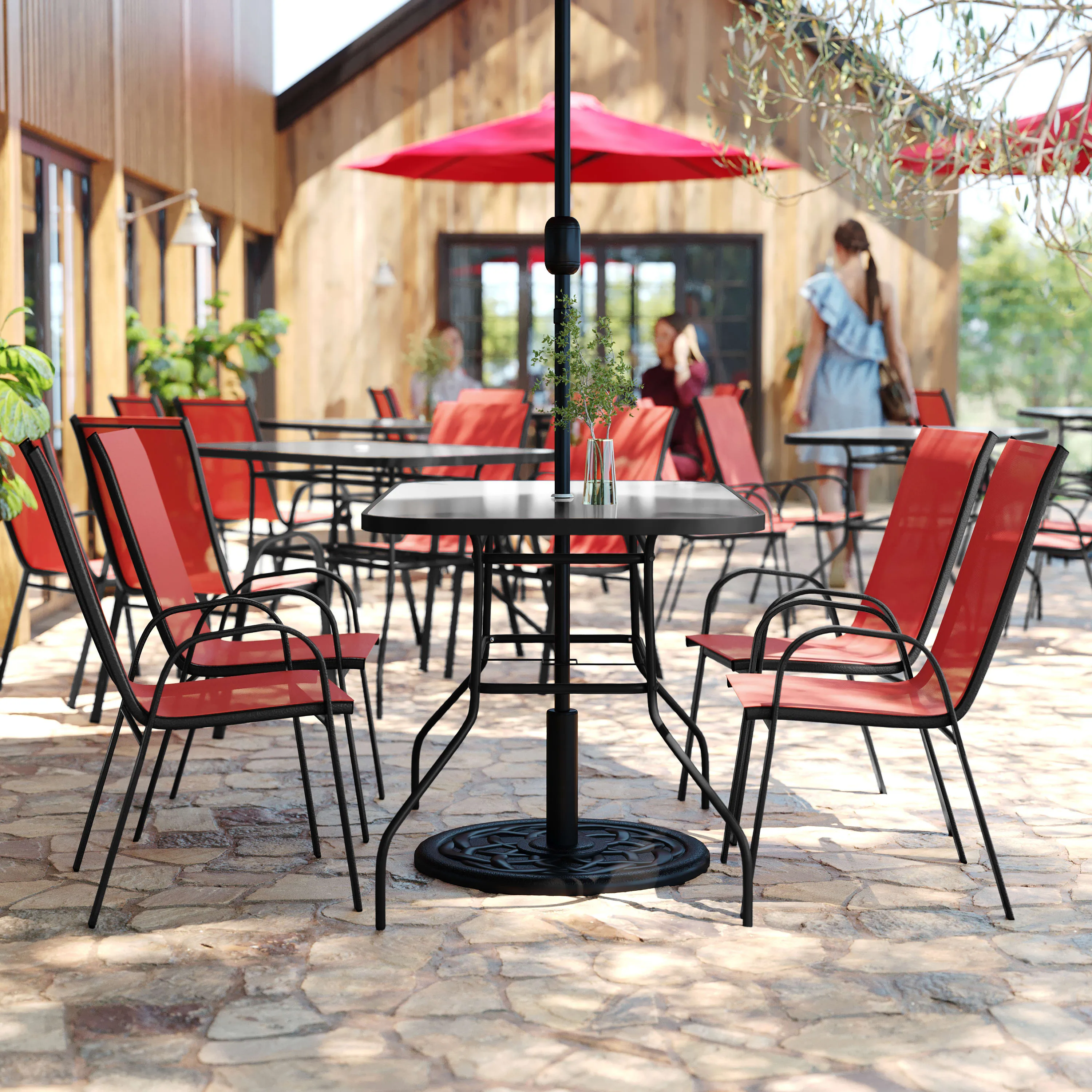 Brazos 5 Piece Commercial Grade Patio Dining Set with Tempered Glass Patio Table and 4 Chairs with Flex Comfort Material Seats and Backs