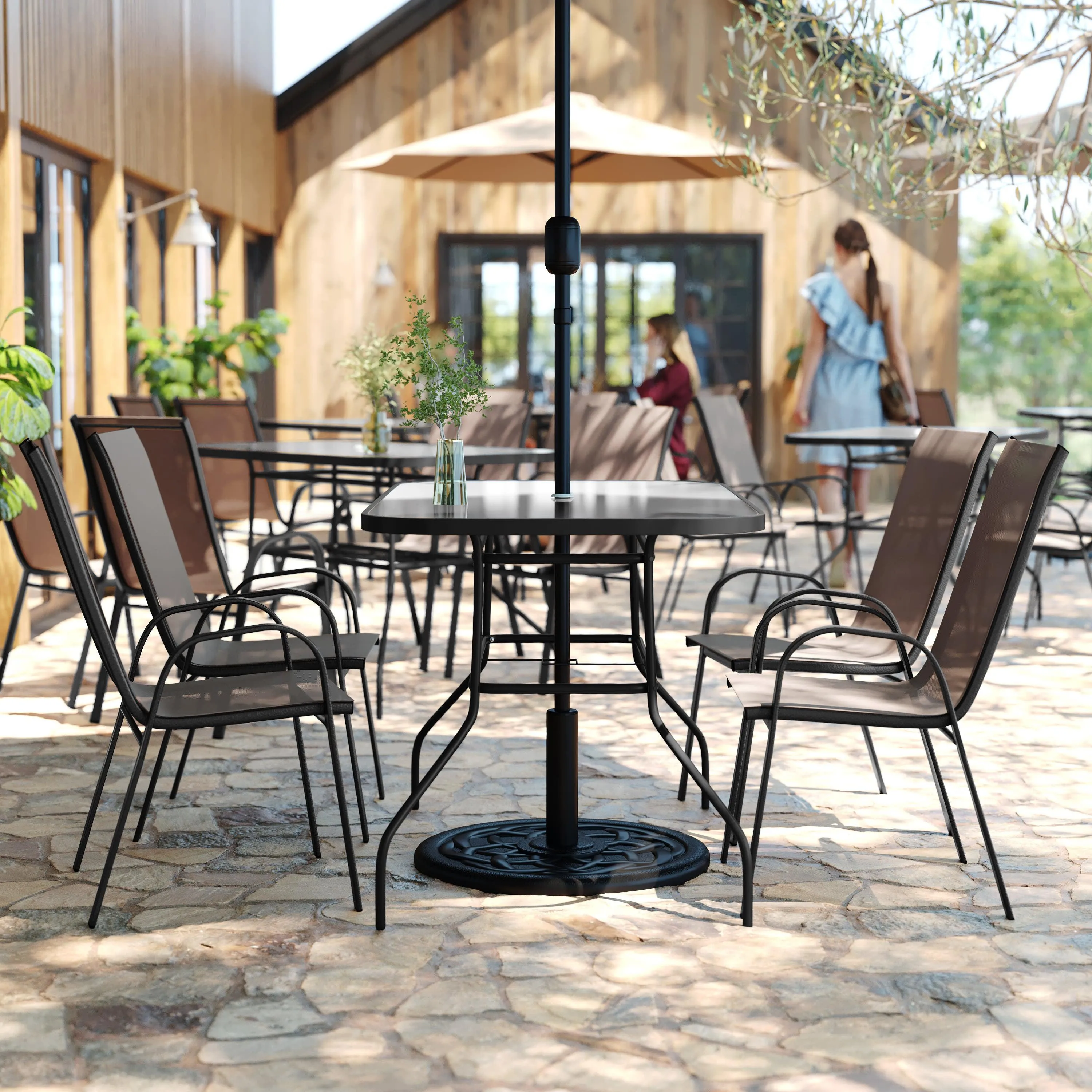 Brazos 5 Piece Commercial Grade Patio Dining Set with Tempered Glass Patio Table and 4 Chairs with Flex Comfort Material Seats and Backs