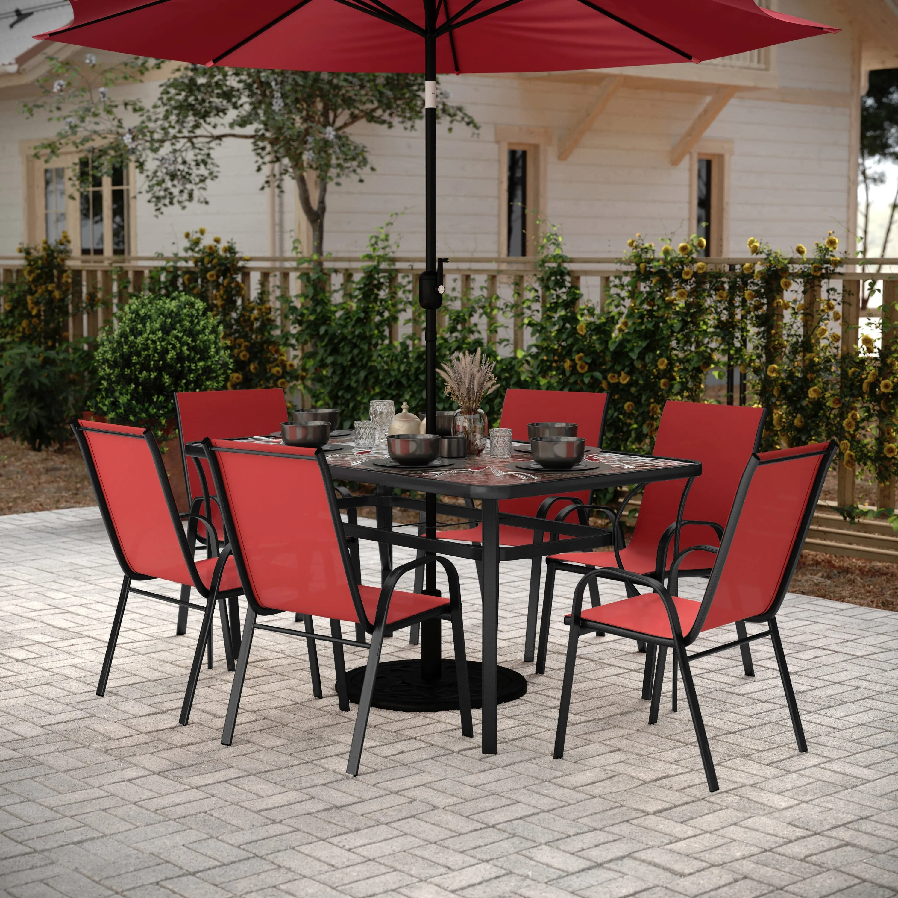 Brazos 7 Piece Commercial Grade Patio Dining Set with Tempered Glass Patio Table and 6 Chairs with Flex Comfort Material Seats and Backs