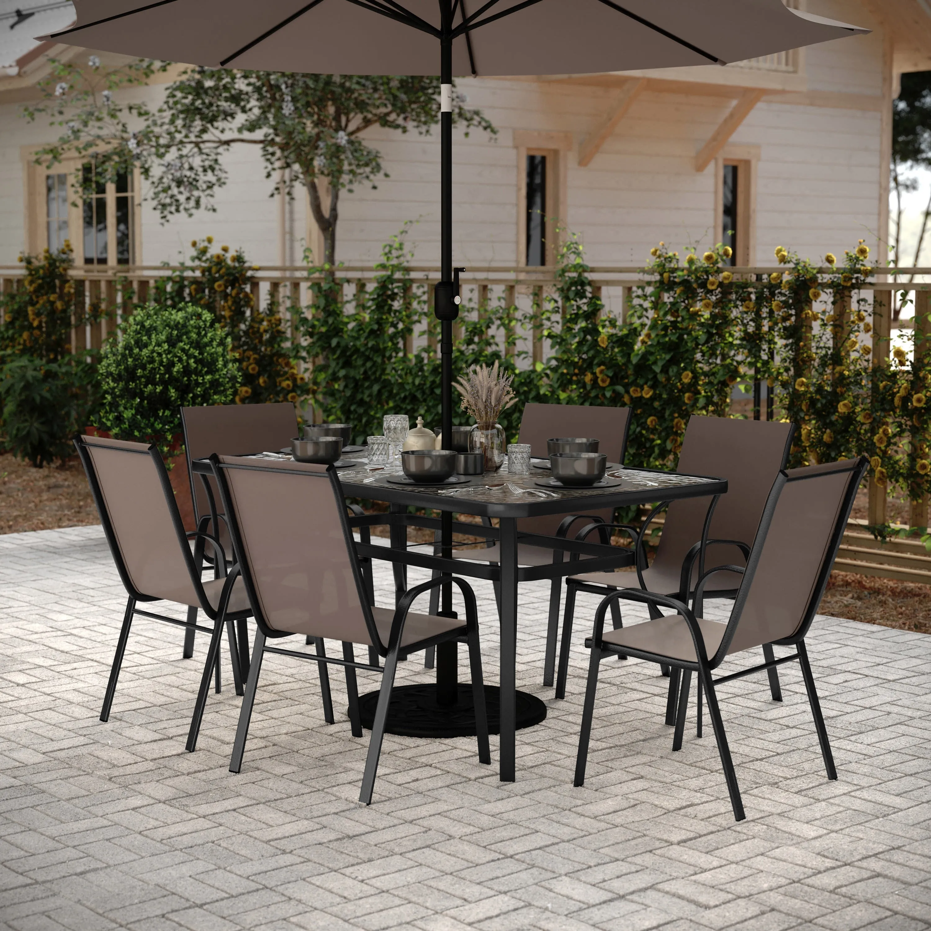 Brazos 7 Piece Commercial Grade Patio Dining Set with Tempered Glass Patio Table and 6 Chairs with Flex Comfort Material Seats and Backs