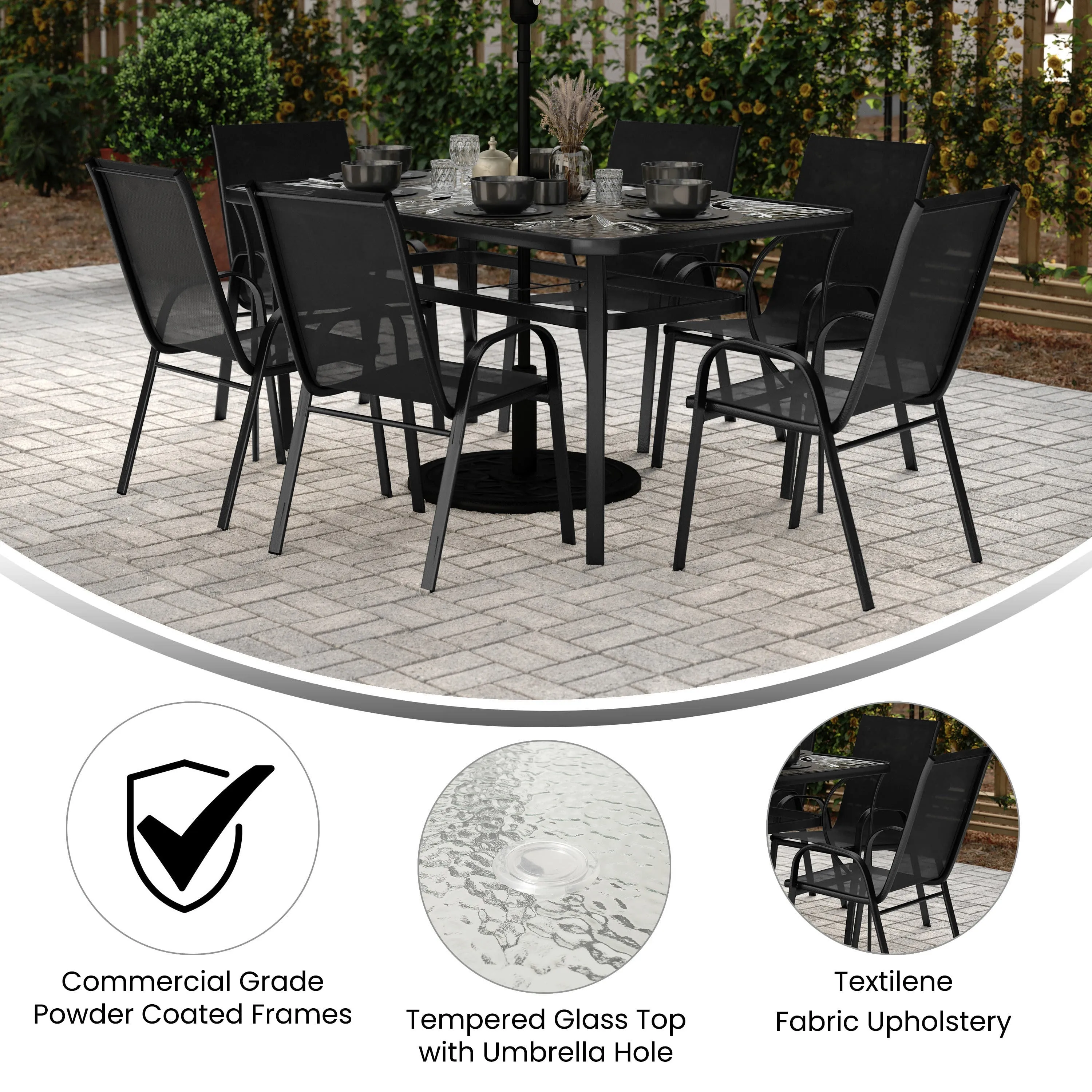 Brazos 7 Piece Commercial Grade Patio Dining Set with Tempered Glass Patio Table and 6 Chairs with Flex Comfort Material Seats and Backs