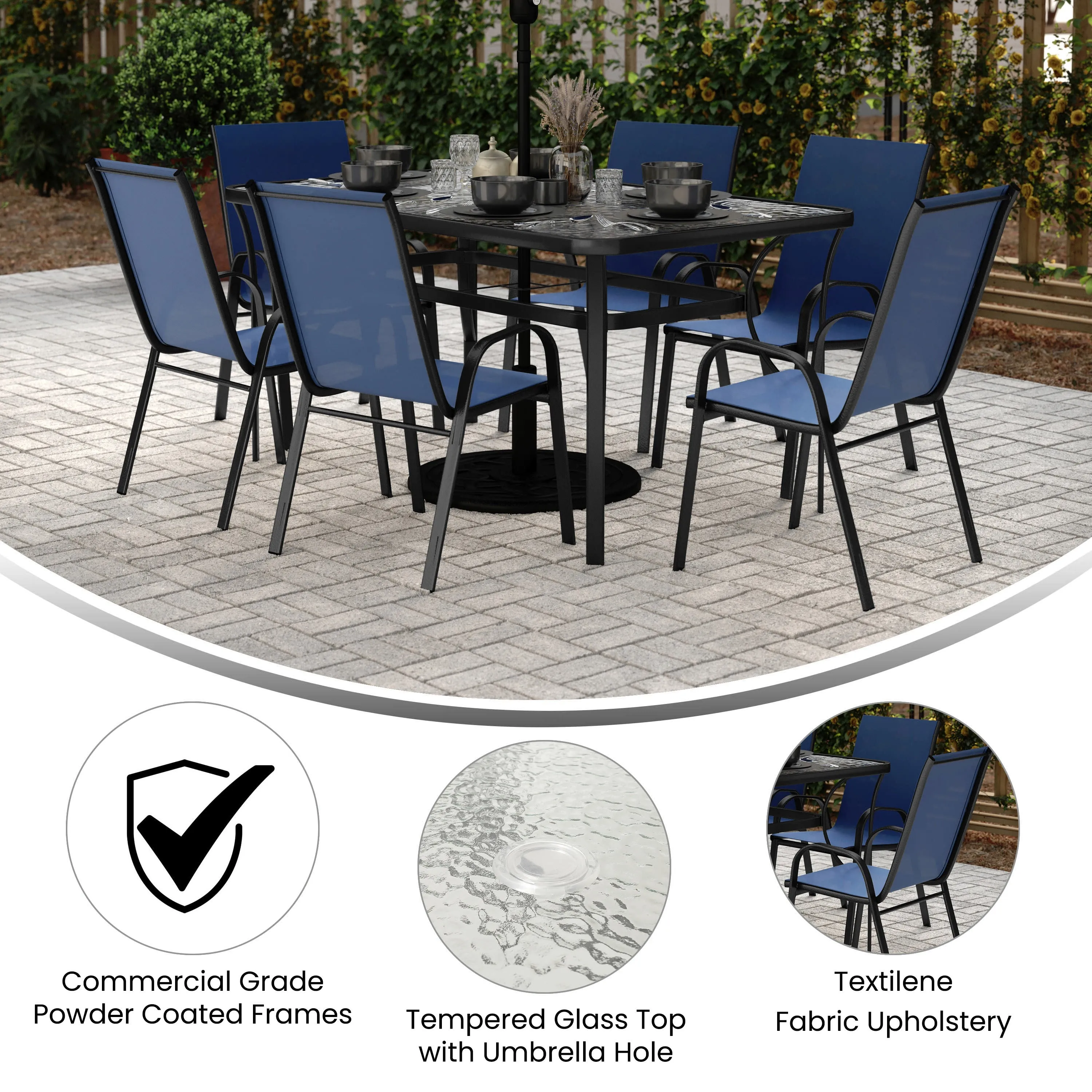 Brazos 7 Piece Commercial Grade Patio Dining Set with Tempered Glass Patio Table and 6 Chairs with Flex Comfort Material Seats and Backs