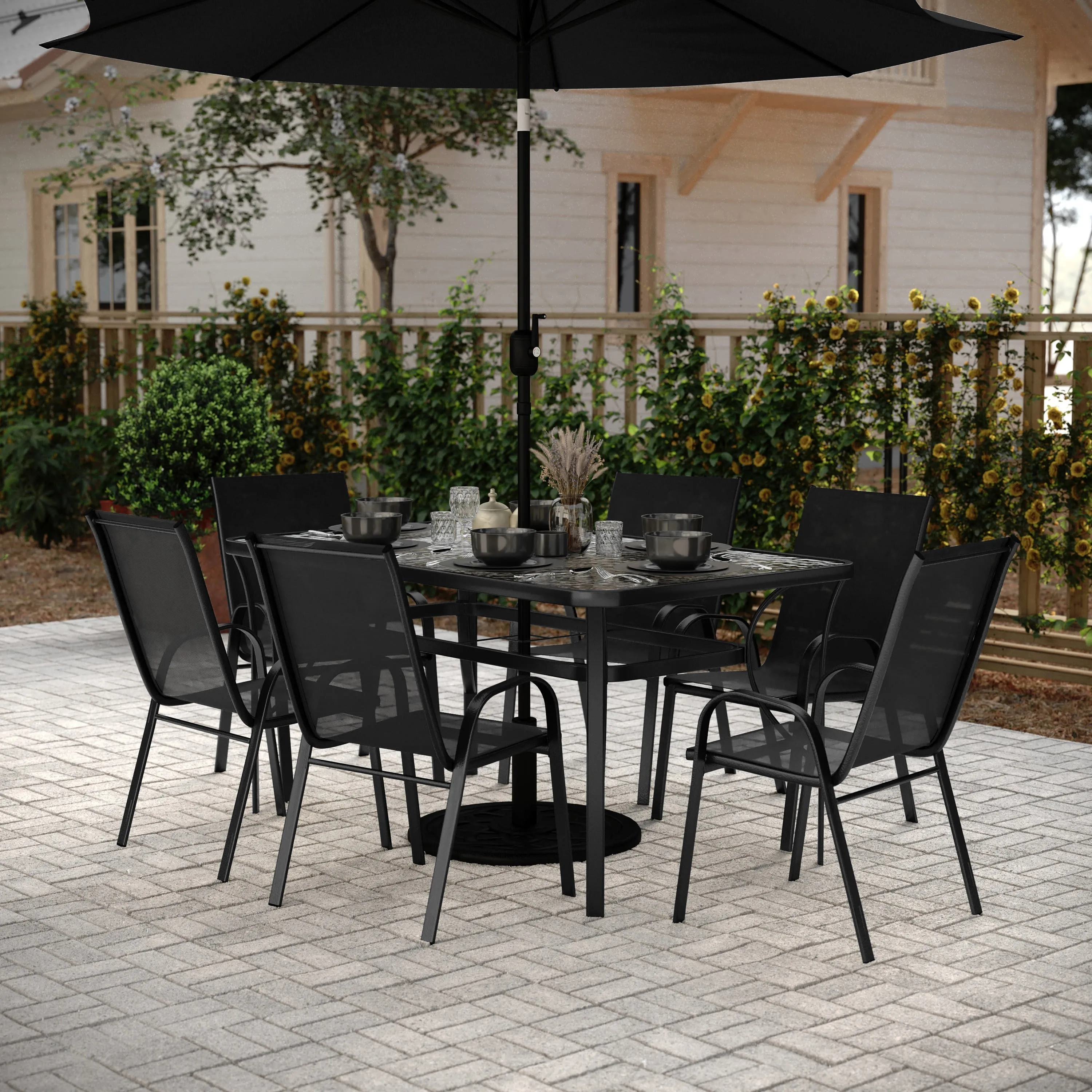 Brazos 7 Piece Commercial Grade Patio Dining Set with Tempered Glass Patio Table and 6 Chairs with Flex Comfort Material Seats and Backs