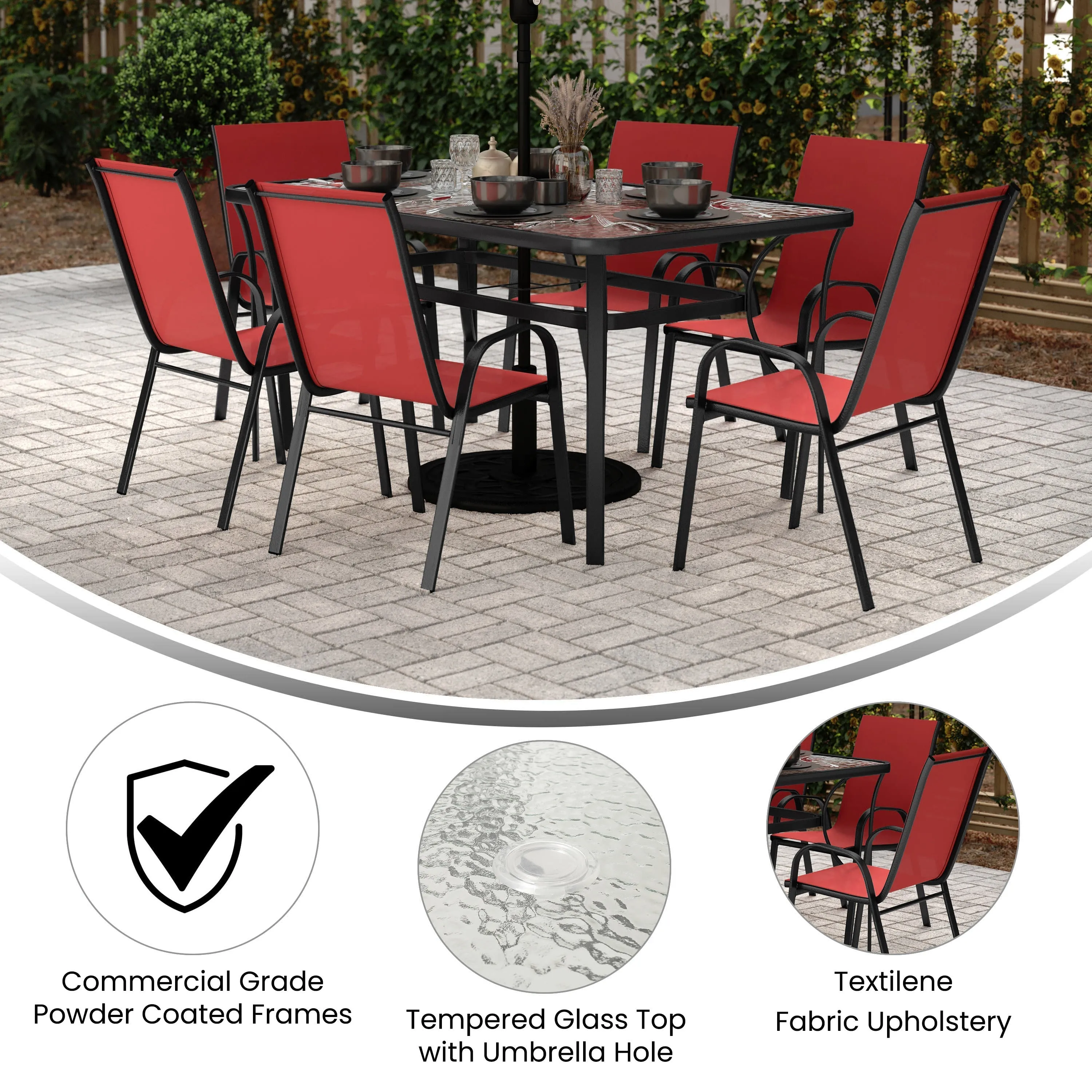 Brazos 7 Piece Commercial Grade Patio Dining Set with Tempered Glass Patio Table and 6 Chairs with Flex Comfort Material Seats and Backs