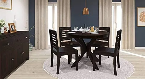 CLANECRAFT Wooden Round Dining Table 4 Seater | Four Seater Dinning Table with 4 Chairs for Home | Dining Room Sets for Restraunts | Sheesham Wood, Dark Walnut Finish