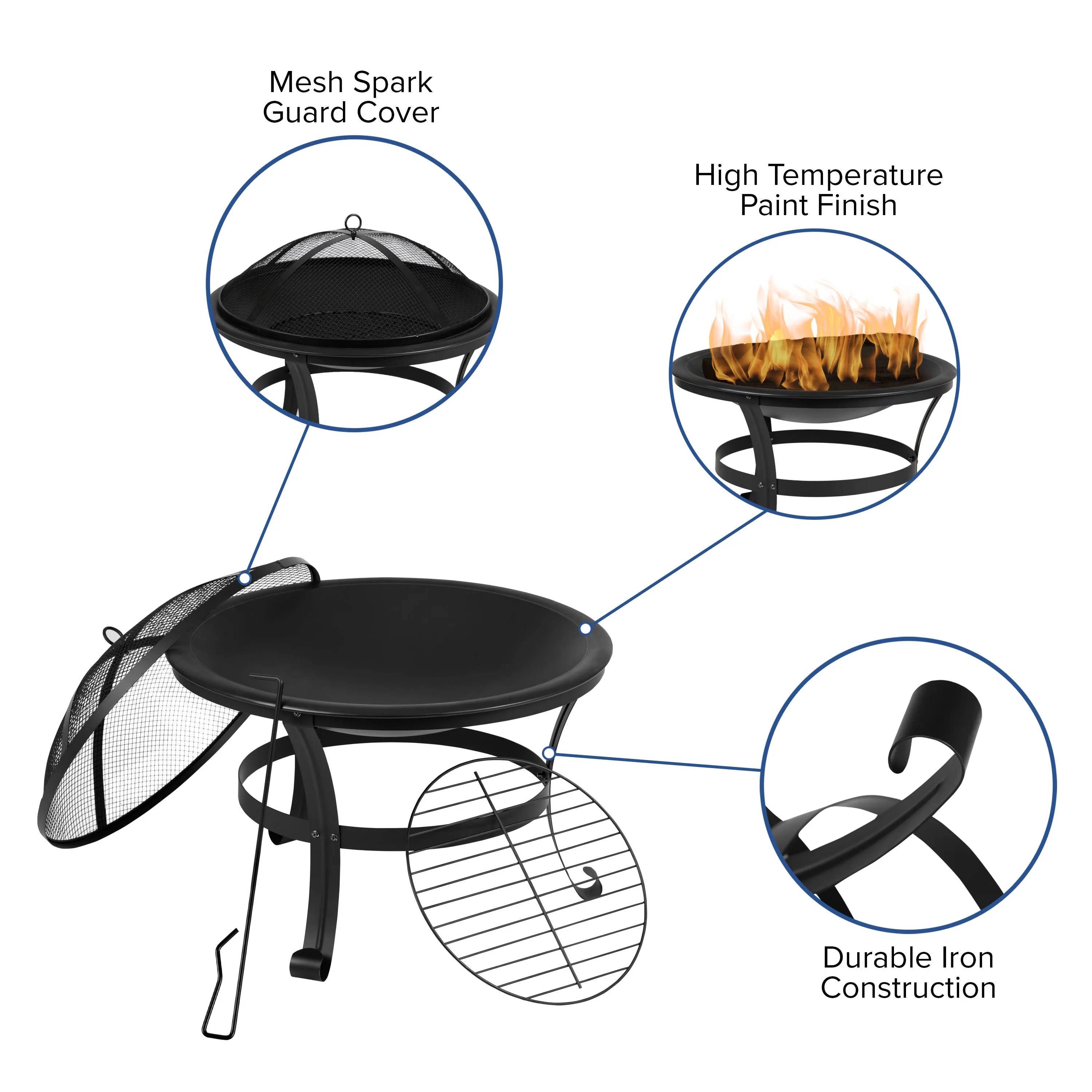 Finn Set of 4 Modern All-Weather 2-Slat Poly Resin Rocking Adirondack Chairs with 22" Round Wood Burning Fire Pit