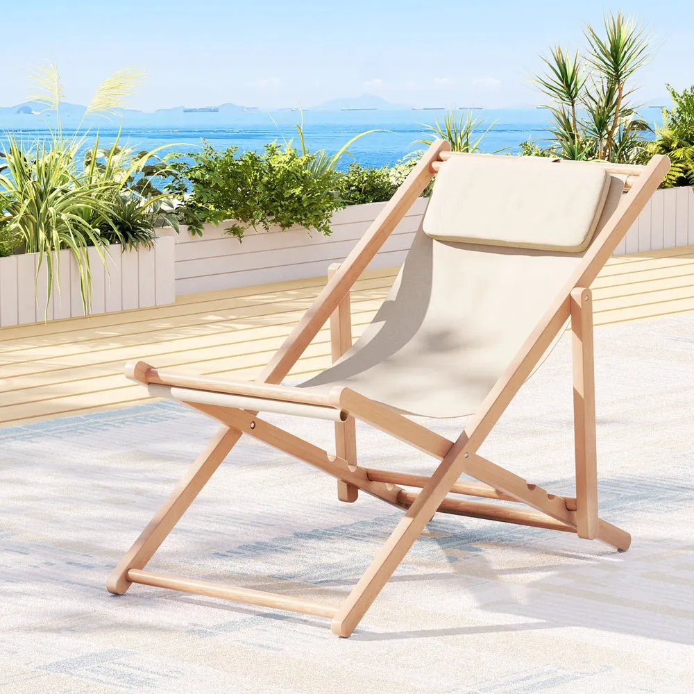 Gardeon Outdoor Deck Chair Wooden Sun Lounge Folding Beach Patio Furniture Beige