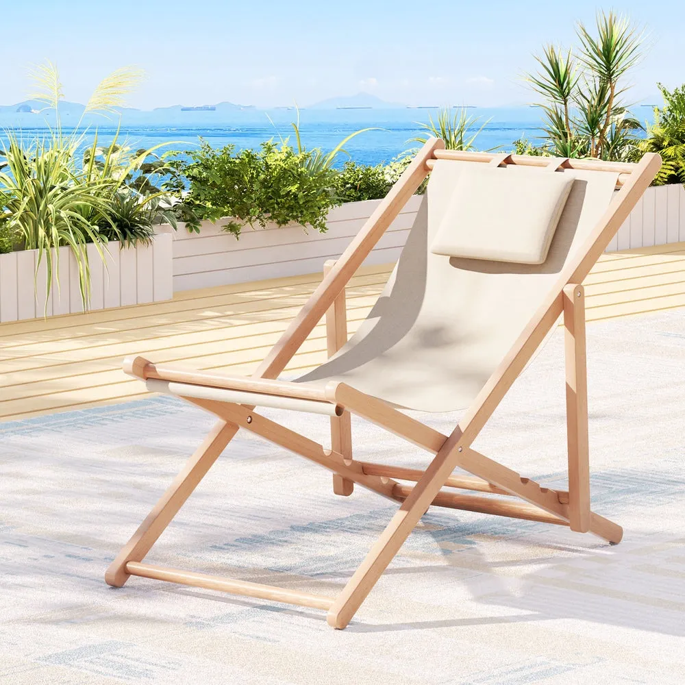 Gardeon Outdoor Deck Chair Wooden Sun Lounge Folding Beach Patio Furniture Beige