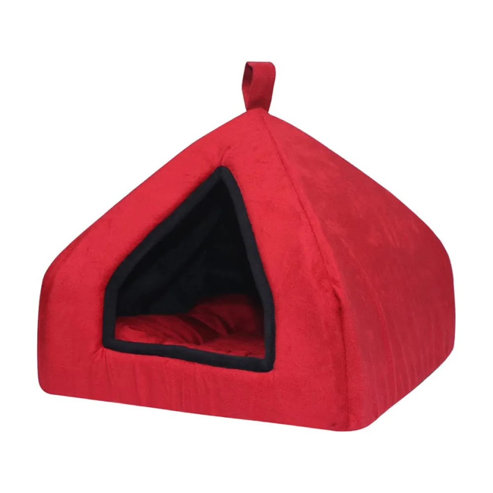 Hiputee Luxurious Soft Velvet Hut Bed for Toy Breed Dogs and Cats Red