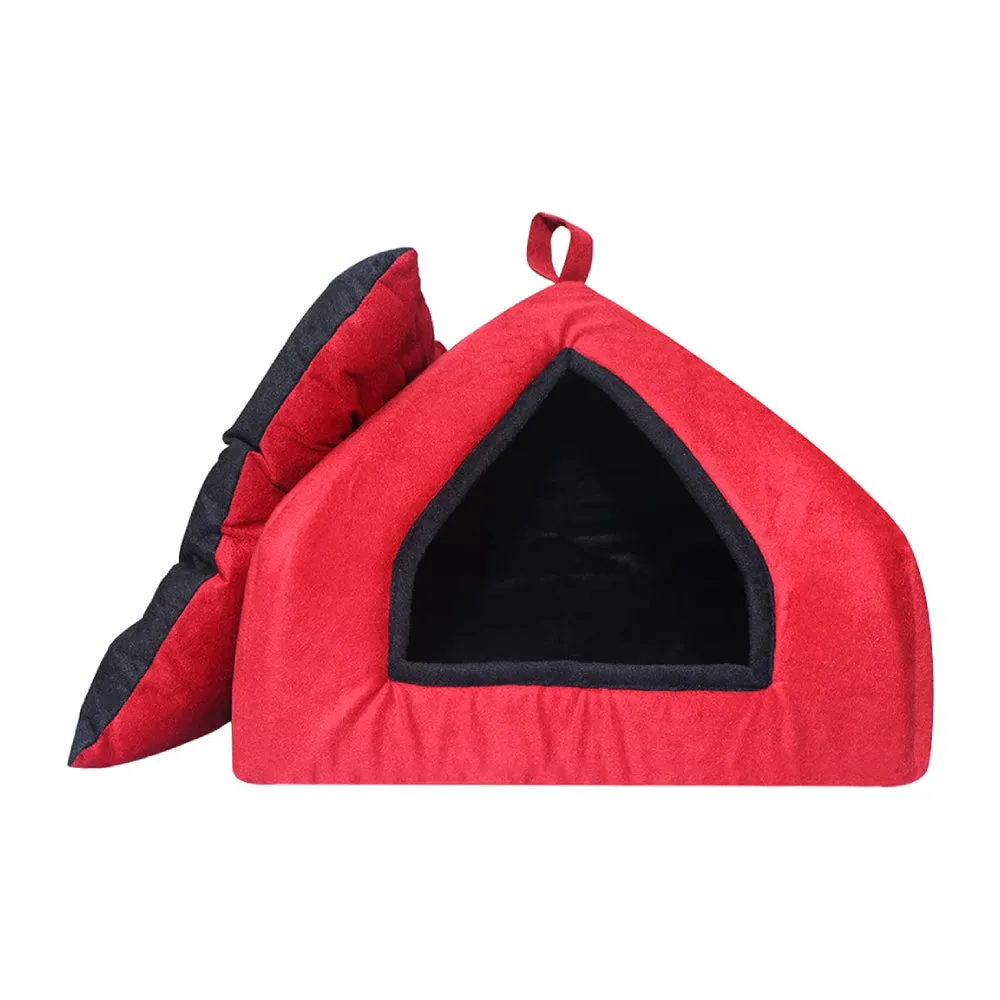 Hiputee Luxurious Soft Velvet Hut Bed for Toy Breed Dogs and Cats Red