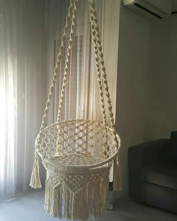 Macrame Swing, Handmade Knitted Hanging Cotton Rope Chair for Indoor/Outdoor