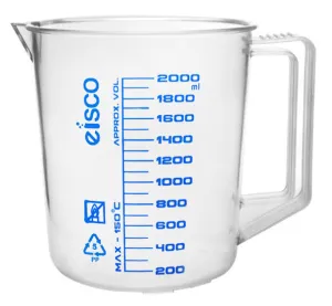 Measuring Jug, 2000ml - Polypropylene - Screen Printed Graduations, Spout & Handle for Easy Pouring - Excellent Optical Clarity - Eisco Labs