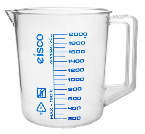 Measuring Jug, 2000ml - Polypropylene - Screen Printed Graduations, Spout & Handle for Easy Pouring - Excellent Optical Clarity - Eisco Labs