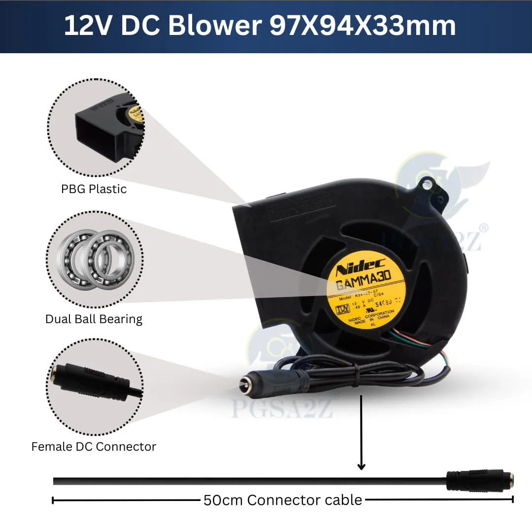 PGSA2Z 97 x 33 mm 12V Blower Fan Dual Ball 110V - 220V High Airflow Variable Speed Controller with AC Plug for Inflatable Replacement or DIY Cooling Ventilation Exhaust Projects