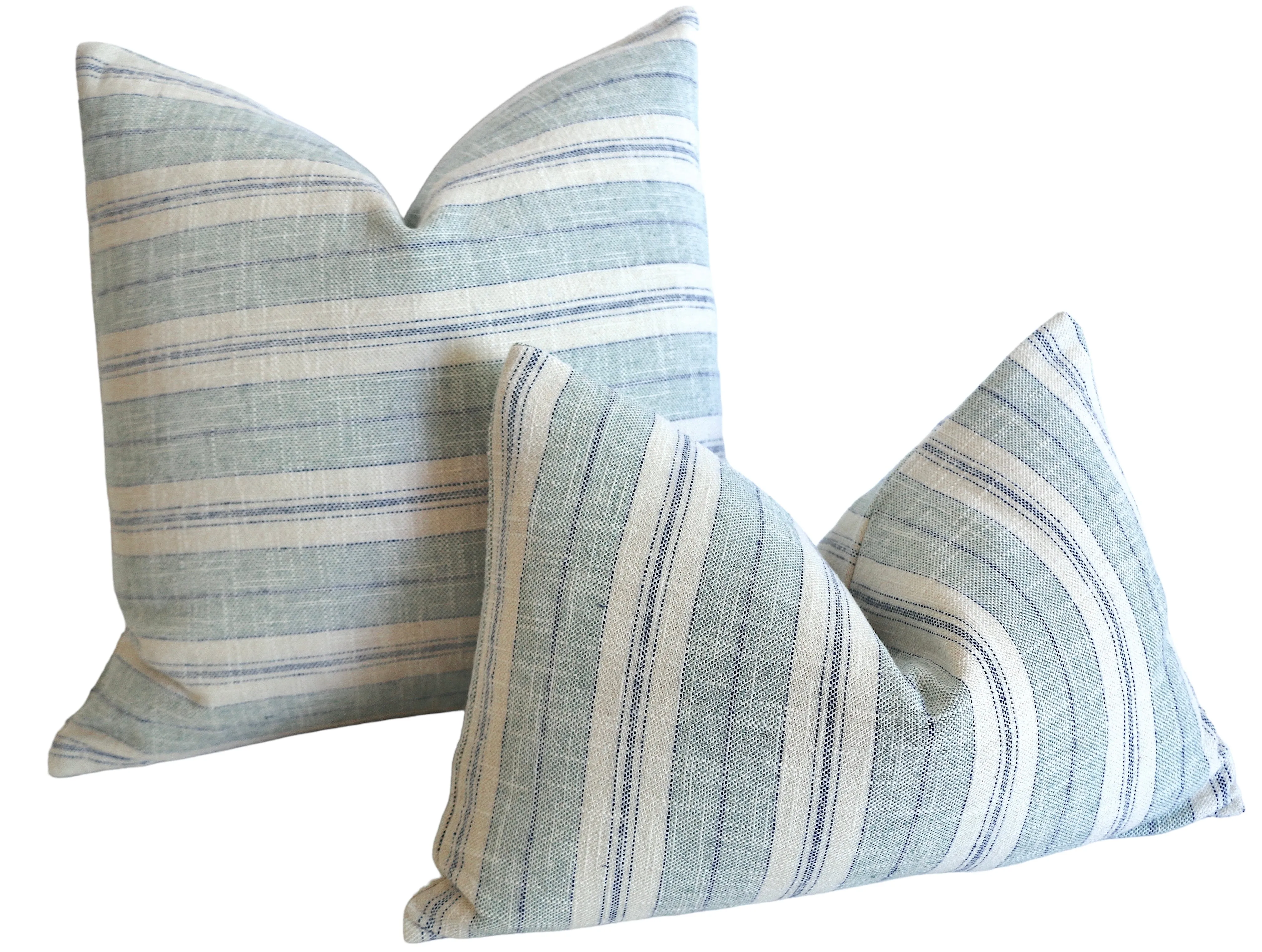 Seafoam Green Cream and Blue Striped Pillow Cover / Couch Pillows / Soft Textured Vintage Washed Cotton / Cotton Ticking Pillow Case / Striped Cushions