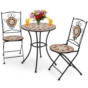 Tangkula 3 Pieces Patio Bistro Set, Outdoor Garden Furniture Set with Round Mosaic Coffee Table & 2 Folding Chairs