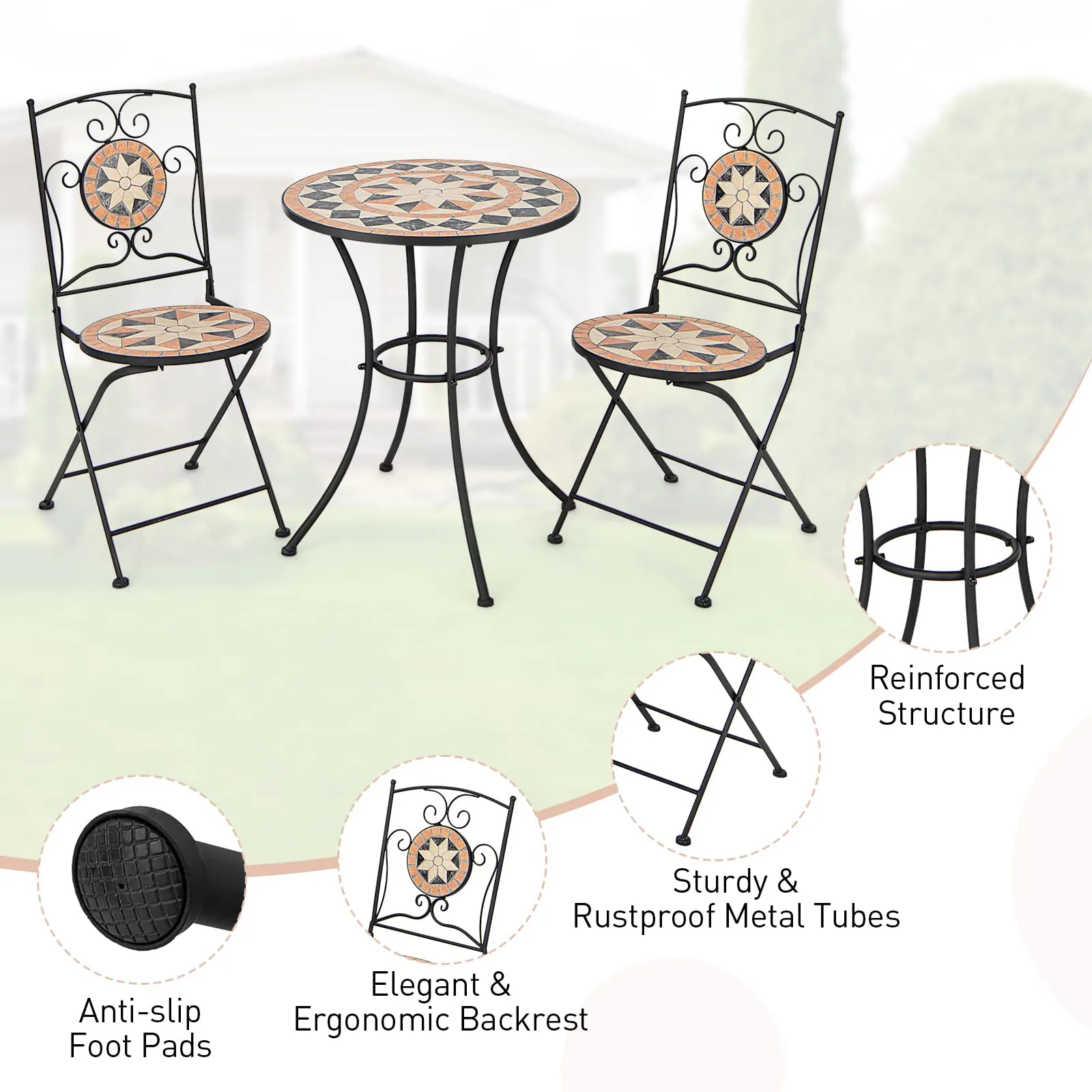 Tangkula 3 Pieces Patio Bistro Set, Outdoor Garden Furniture Set with Round Mosaic Coffee Table & 2 Folding Chairs