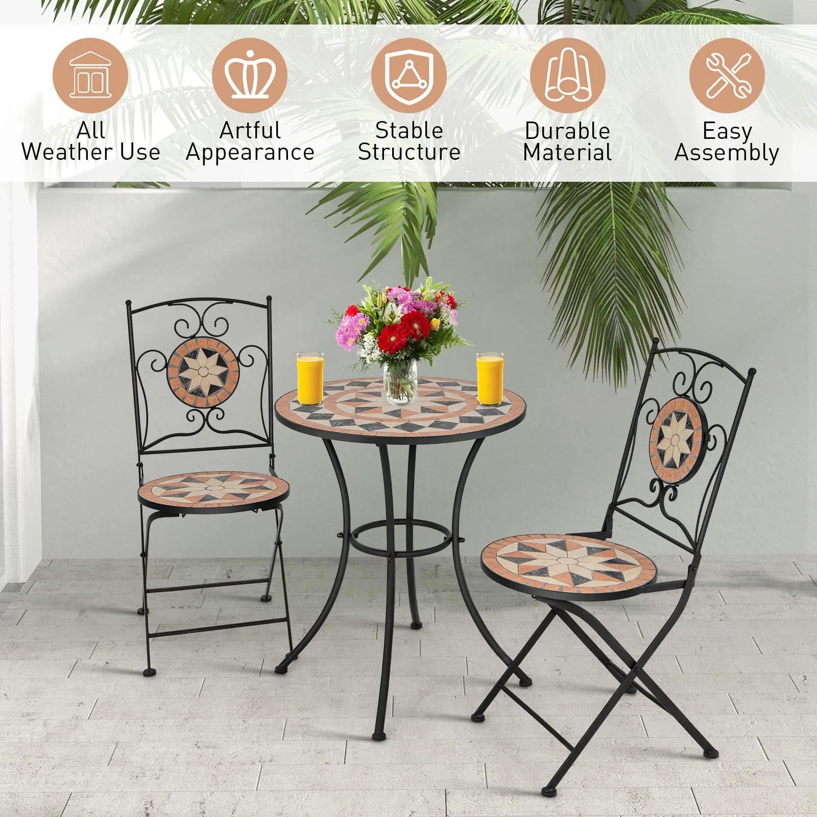 Tangkula 3 Pieces Patio Bistro Set, Outdoor Garden Furniture Set with Round Mosaic Coffee Table & 2 Folding Chairs