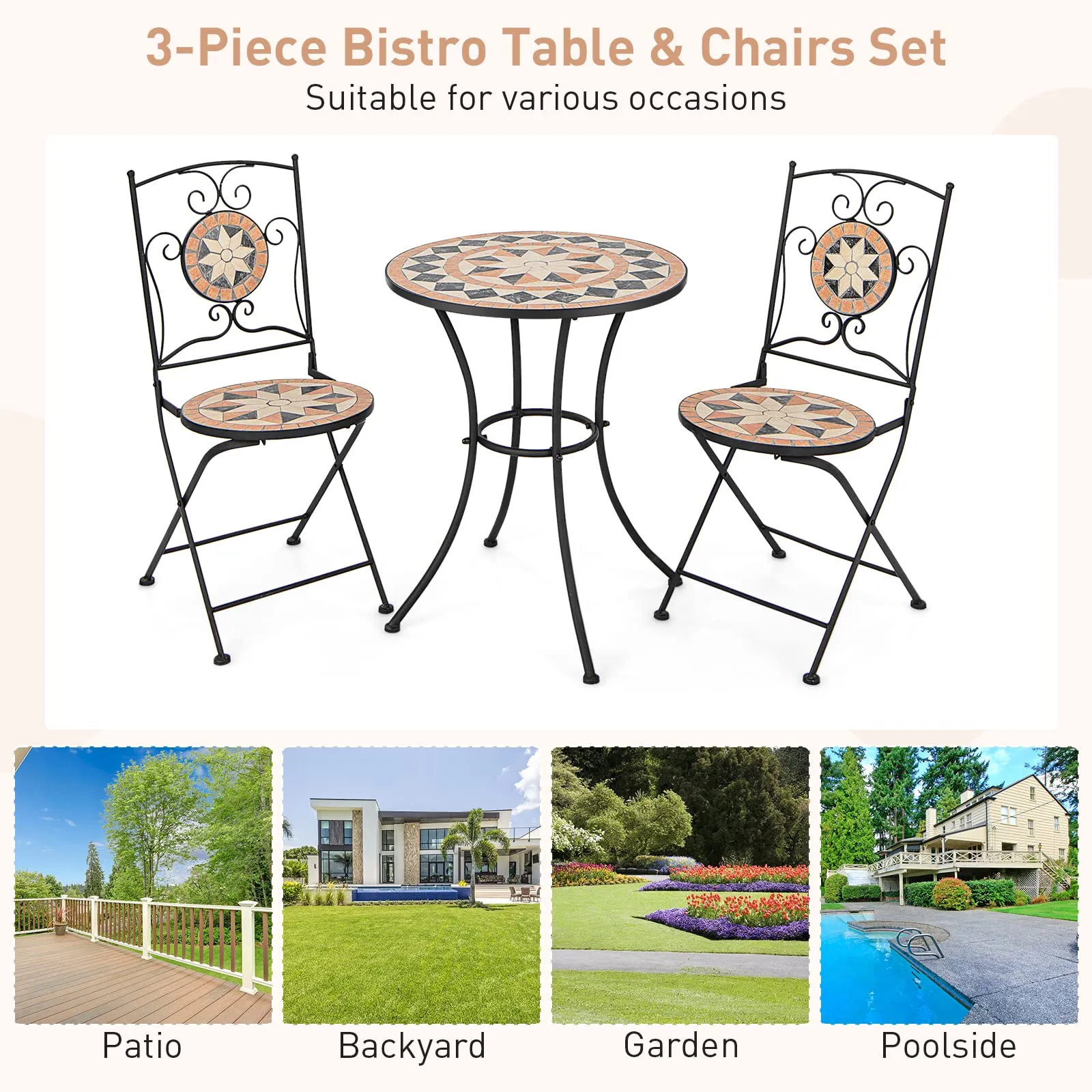 Tangkula 3 Pieces Patio Bistro Set, Outdoor Garden Furniture Set with Round Mosaic Coffee Table & 2 Folding Chairs