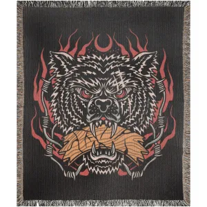 Wild Wolf Traditional Tattoo Style Woven Fringe Blanket / / Wall tapestry, throw for sofa, maximalist decor, tattoo home decor